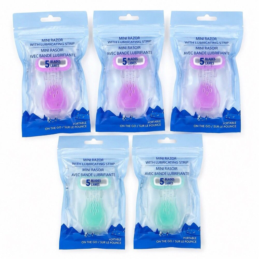 5 Pack Mini Razor for Women, 5 Blades, Lubricating Strip, Portable, Pink & Green